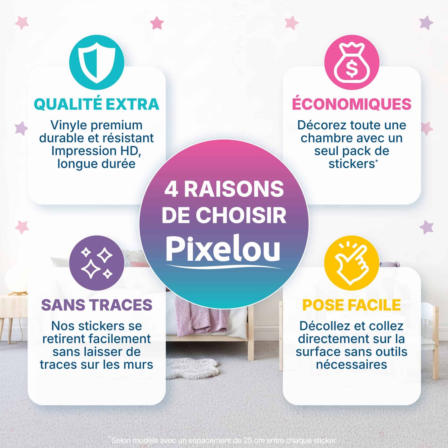 Avantages des stickers étoiles rose bonbon Pixelou