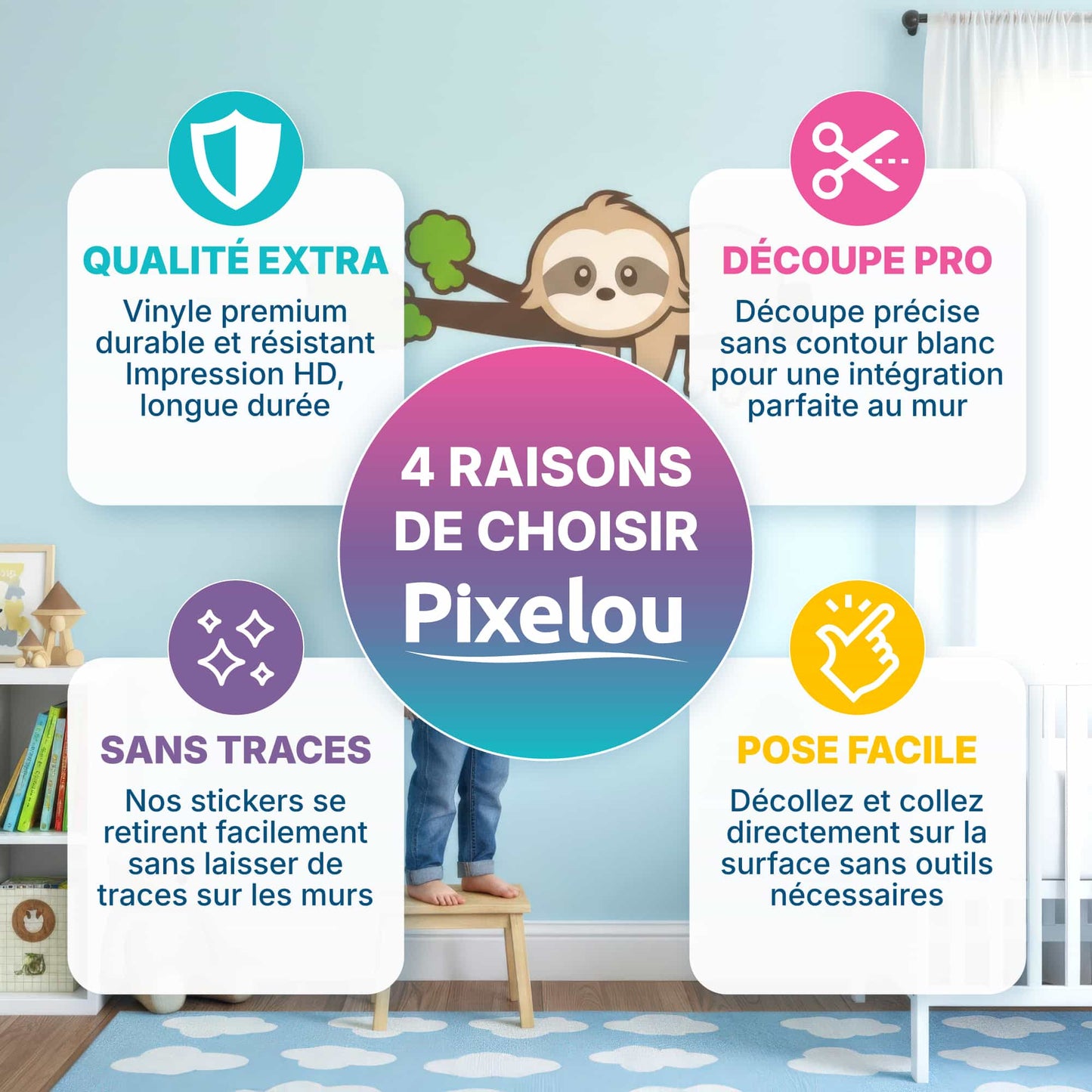 Qualité extra, découpe pro, sans traces et pose facile!