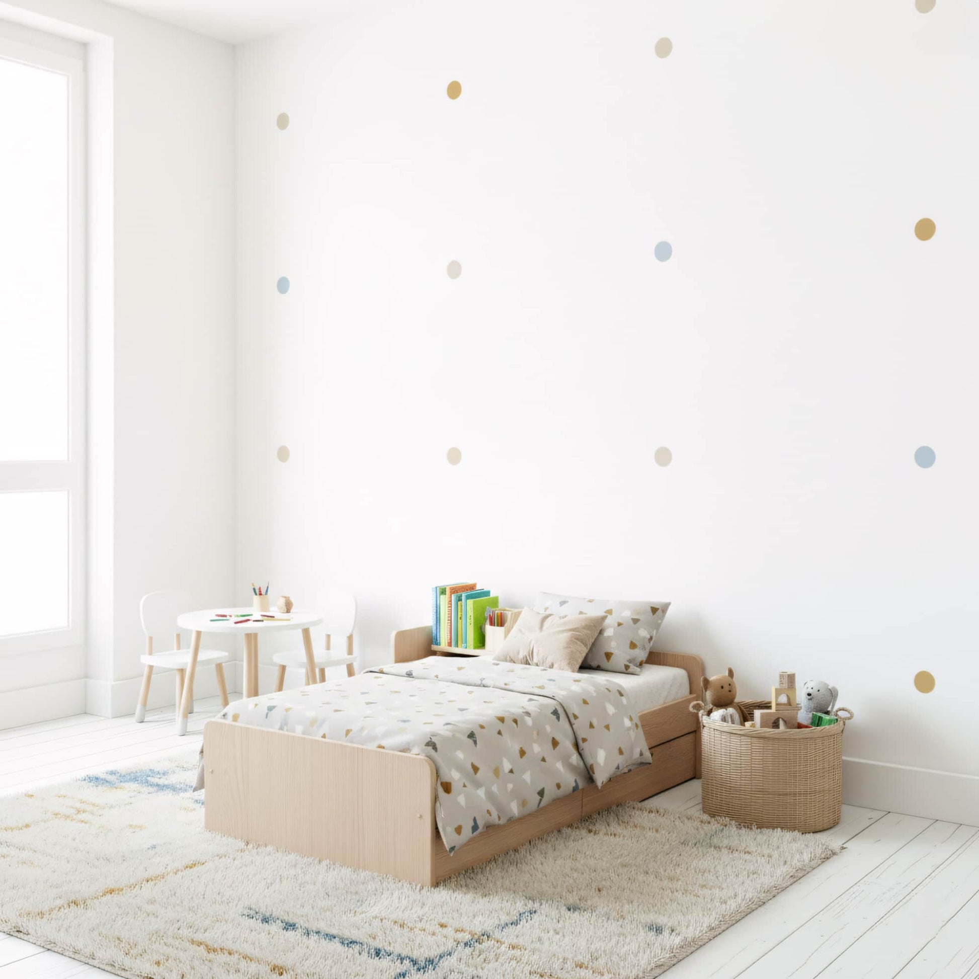 Décoration murale pour chambre garçon, stickers motifs ronds bleu doré