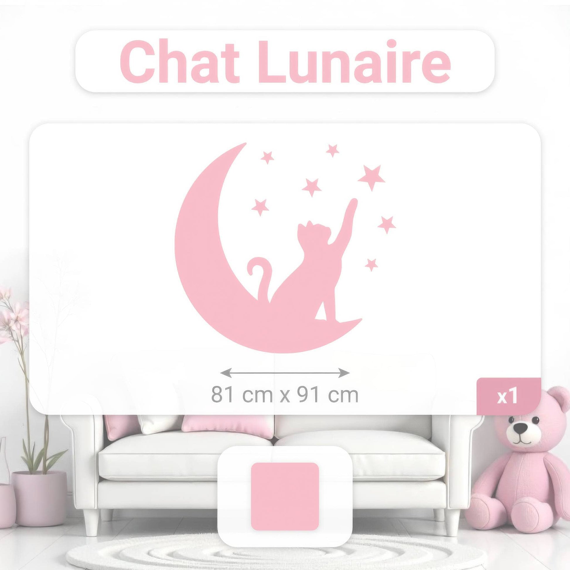 Fiche produit des stickers muraux du Chat Lunaire rose avec les dimensions 81 cm x 91 cm, parfait pour la décoration murale au Maroc.