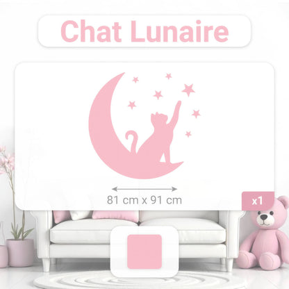 Fiche produit des stickers muraux du Chat Lunaire rose avec les dimensions 81 cm x 91 cm, parfait pour la décoration murale au Maroc.