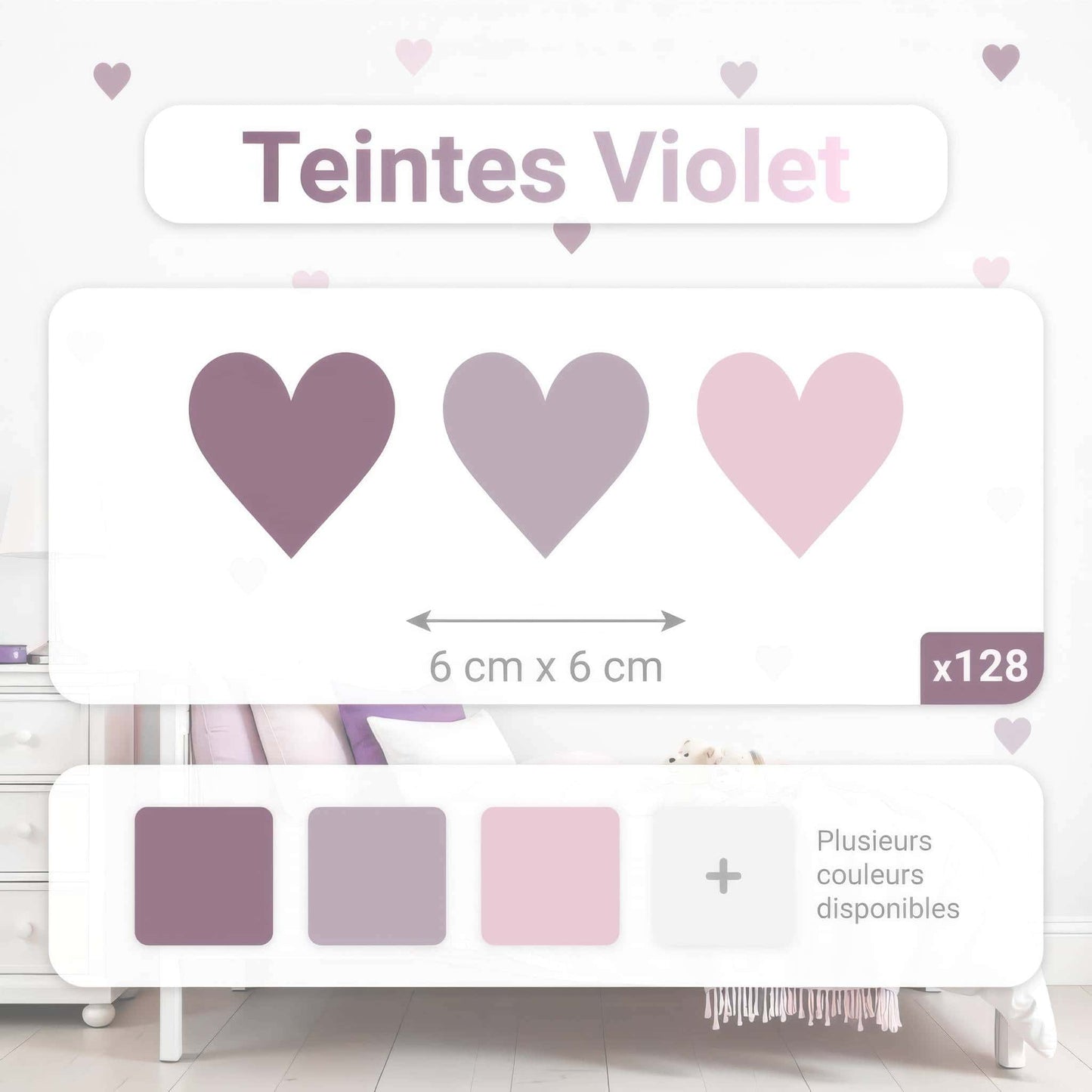 Feuille de stickers coeurs en Teintes Violet de 6 cm x 6 cm, idéale pour la décoration chambre enfant et bébé au Maroc, avec indication des dimensions.