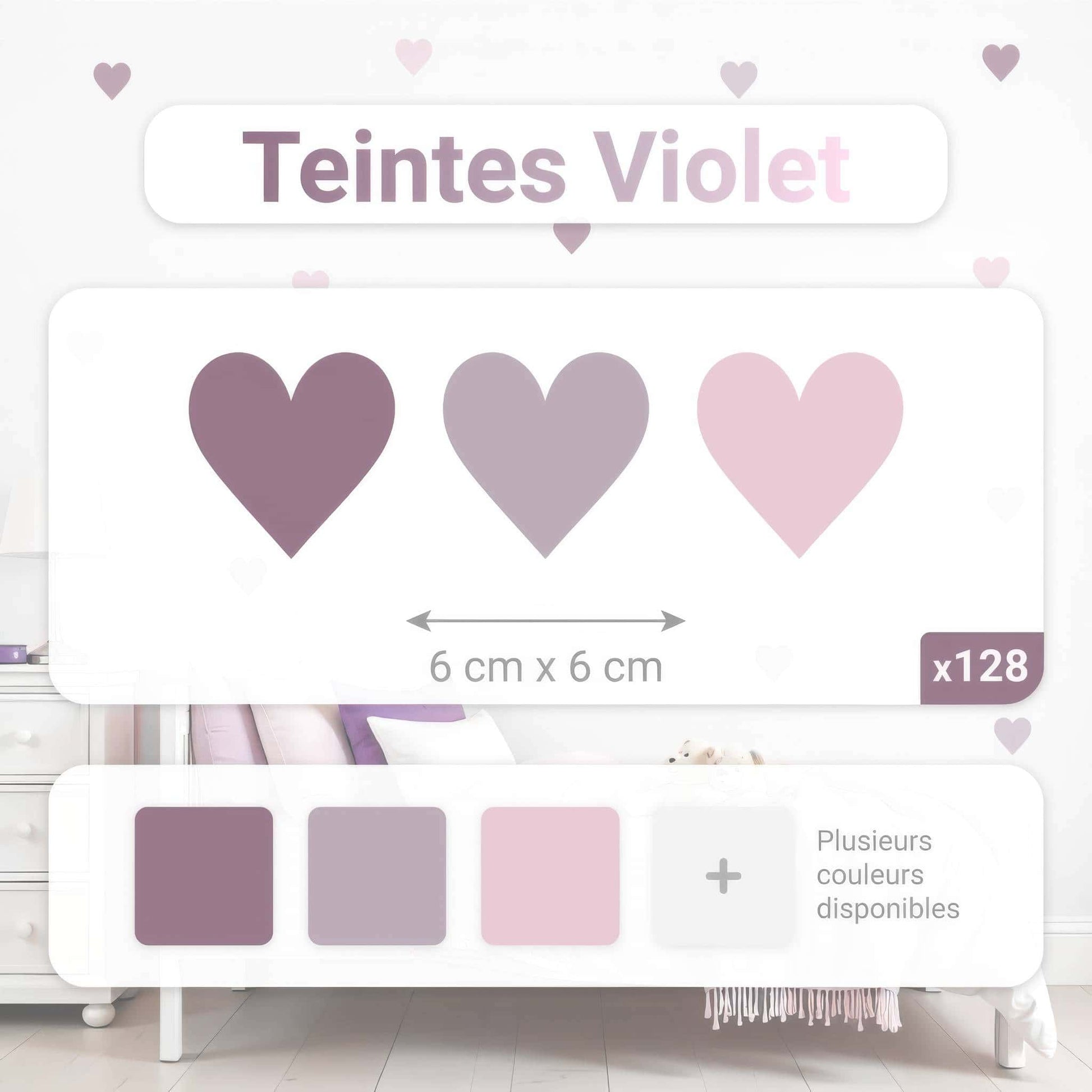 Feuille de stickers coeurs en Teintes Violet de 6 cm x 6 cm, idéale pour la décoration chambre enfant et bébé au Maroc, avec indication des dimensions.