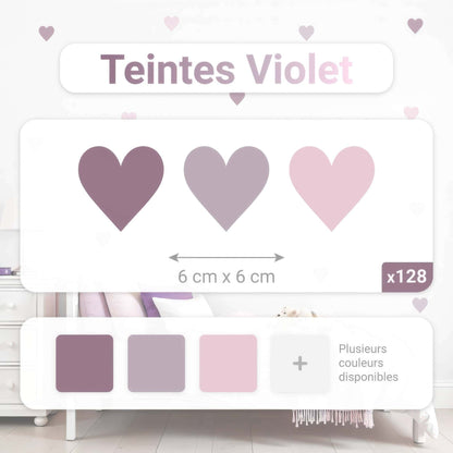 Feuille de stickers coeurs en Teintes Violet de 6 cm x 6 cm, idéale pour la décoration chambre enfant et bébé au Maroc, avec indication des dimensions.
