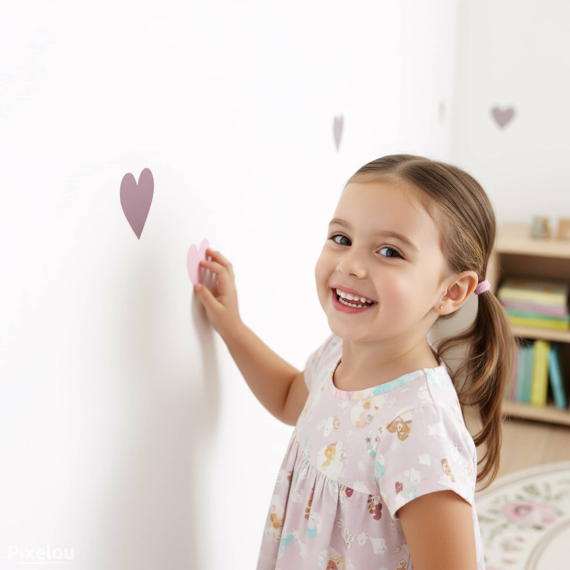 Décoration murale au Maroc, petite fille entrain de poser les stickers coeurs teintes violet de Pixelou