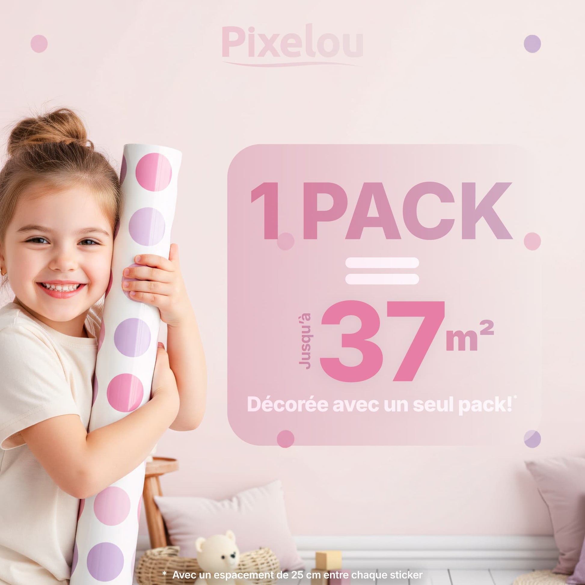 Un pack de stickers pois peut décorer jusqu'à 37m2 de surface murale. Rose bonbon, orange beige, teintes violet