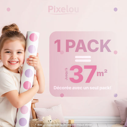 Un pack de stickers pois peut décorer jusqu'à 37m2 de surface murale. Rose bonbon, orange beige, teintes violet