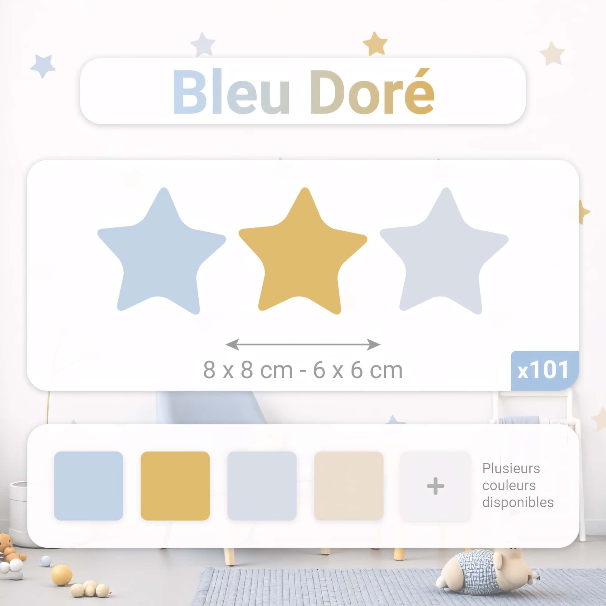 Image affichant les dimensions des stickers étoiles du pack Bleu Doré, contenant 101 étoiles