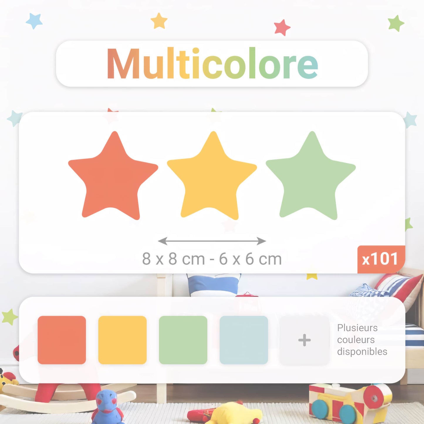 Image montrant les dimensions des stickers étoiles du pack Multicolore, totalisant 101 étoiles