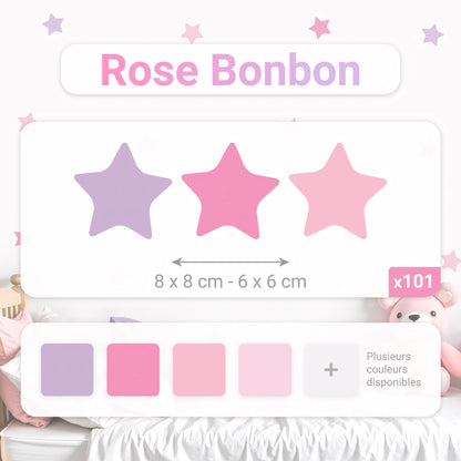 Image présentant les dimensions des stickers étoiles inclus dans le pack Rose Bonbon de 101 étoiles.