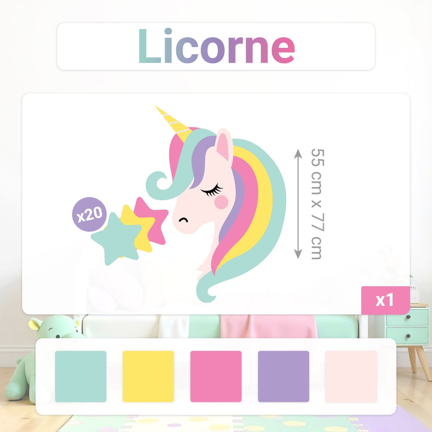 Détails du pack sticker mural licorne : 1 grande licorne de 55x77 cm et 20 étoiles. La décoration murale idéale pour une chambre d'enfant ou fille au Maroc.