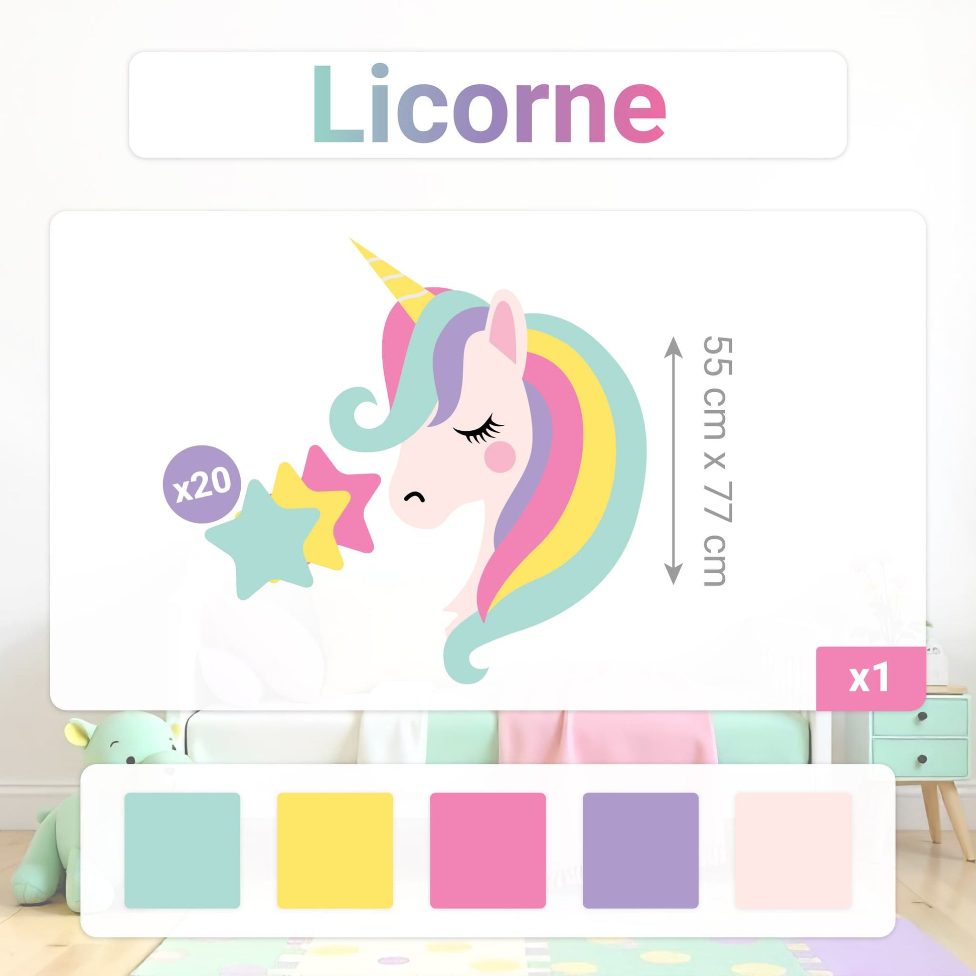 Détails du pack sticker mural licorne : 1 grande licorne de 55x77 cm et 20 étoiles. La décoration murale idéale pour une chambre d'enfant ou fille au Maroc.