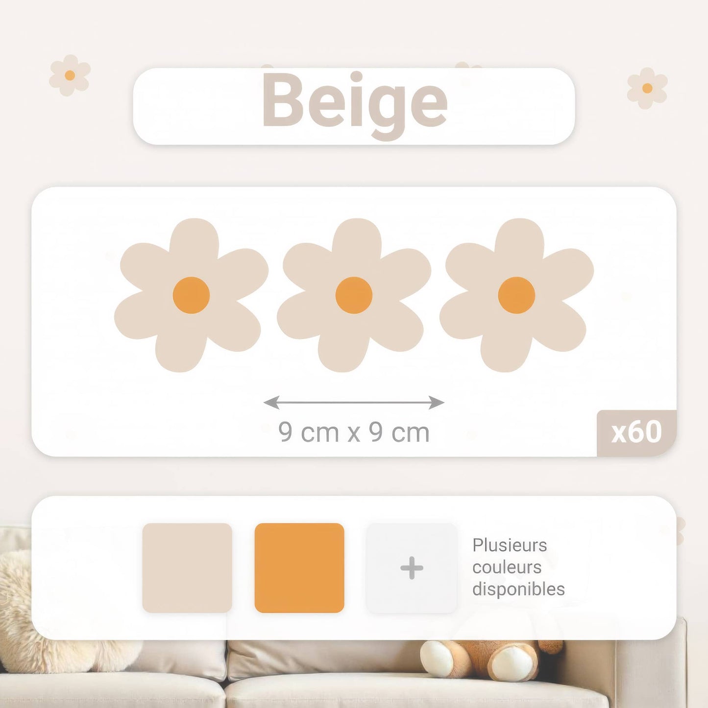 Détails des dimensions (9x9 cm) du lot de 60 stickers fleurs marguerites beiges, parfaits pour la décoration murale d'une chambre d'enfant et bébé au Maroc