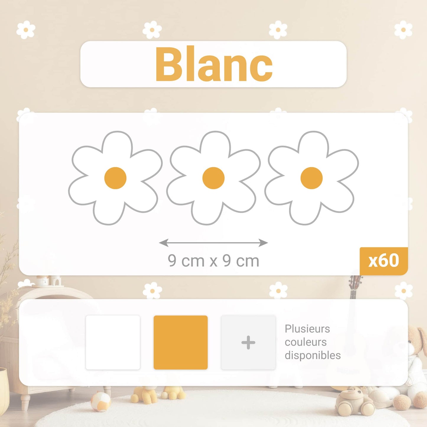 Détails sur les dimensions (9x9 cm) des stickers fleurs marguerites blanches en lot de 60, parfaits pour la décoration murale d'une chambre d'enfant et bébé au Maroc.