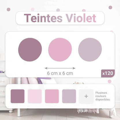 Présentation des dimensions des stickers pois Teintes Violet 6x6 cm en lot de 120, pour une décoration de chambre enfant complète et facile à réaliser au Maroc.