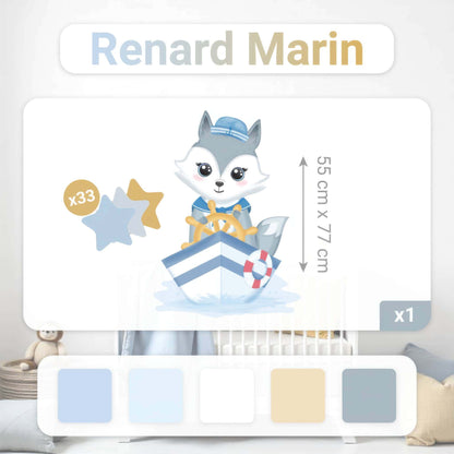 Fiche produit des stickers animaux Renard Marin avec les dimensions 55 cm x 77 cm et des étoiles. Parfait pour la décoration murale au Maroc.