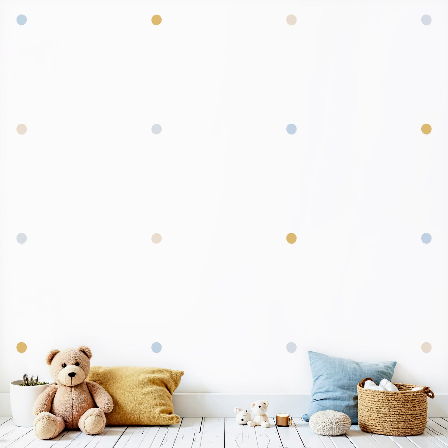 Décoration murale tendance au Maroc. Stickers muraux pois et cercles pour chambre enfant et bébé. Chambre garçon idéalement. Bleu doré