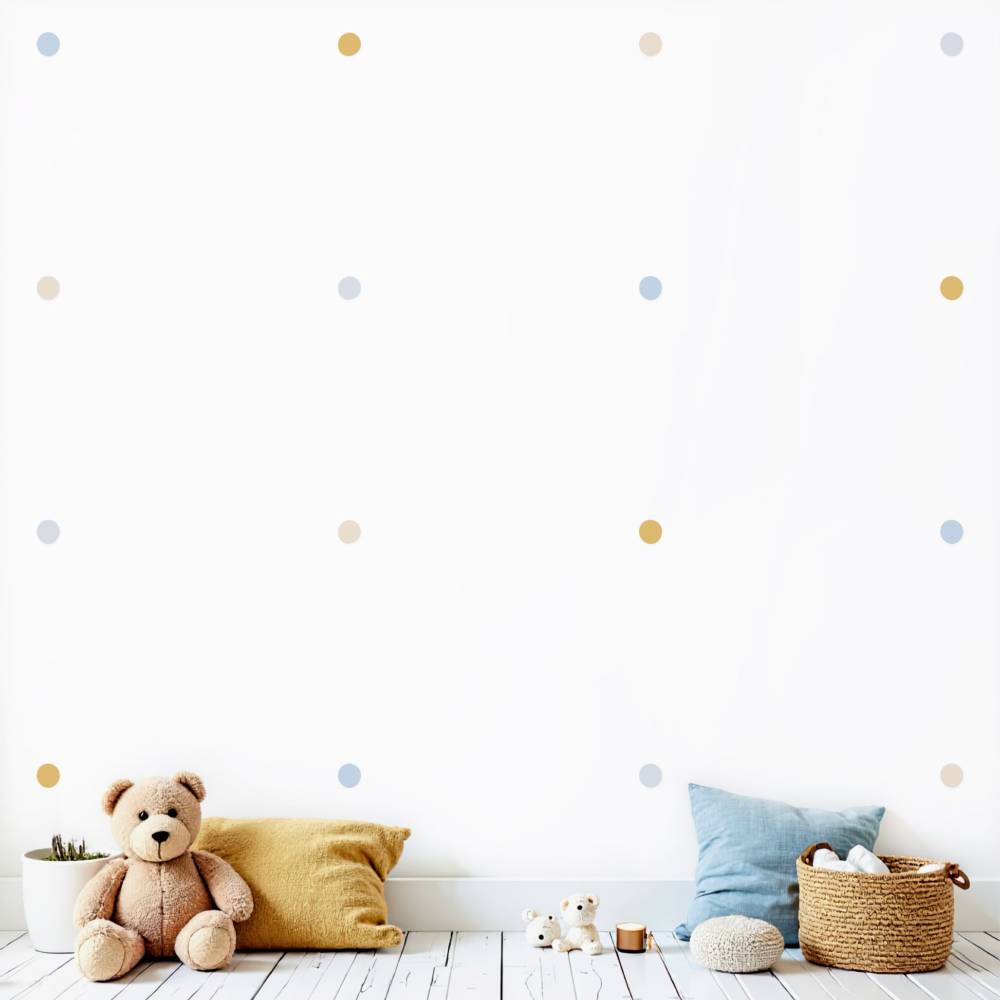 Décoration murale tendance au Maroc. Stickers muraux pois et cercles pour chambre enfant et bébé. Chambre garçon idéalement. Bleu doré