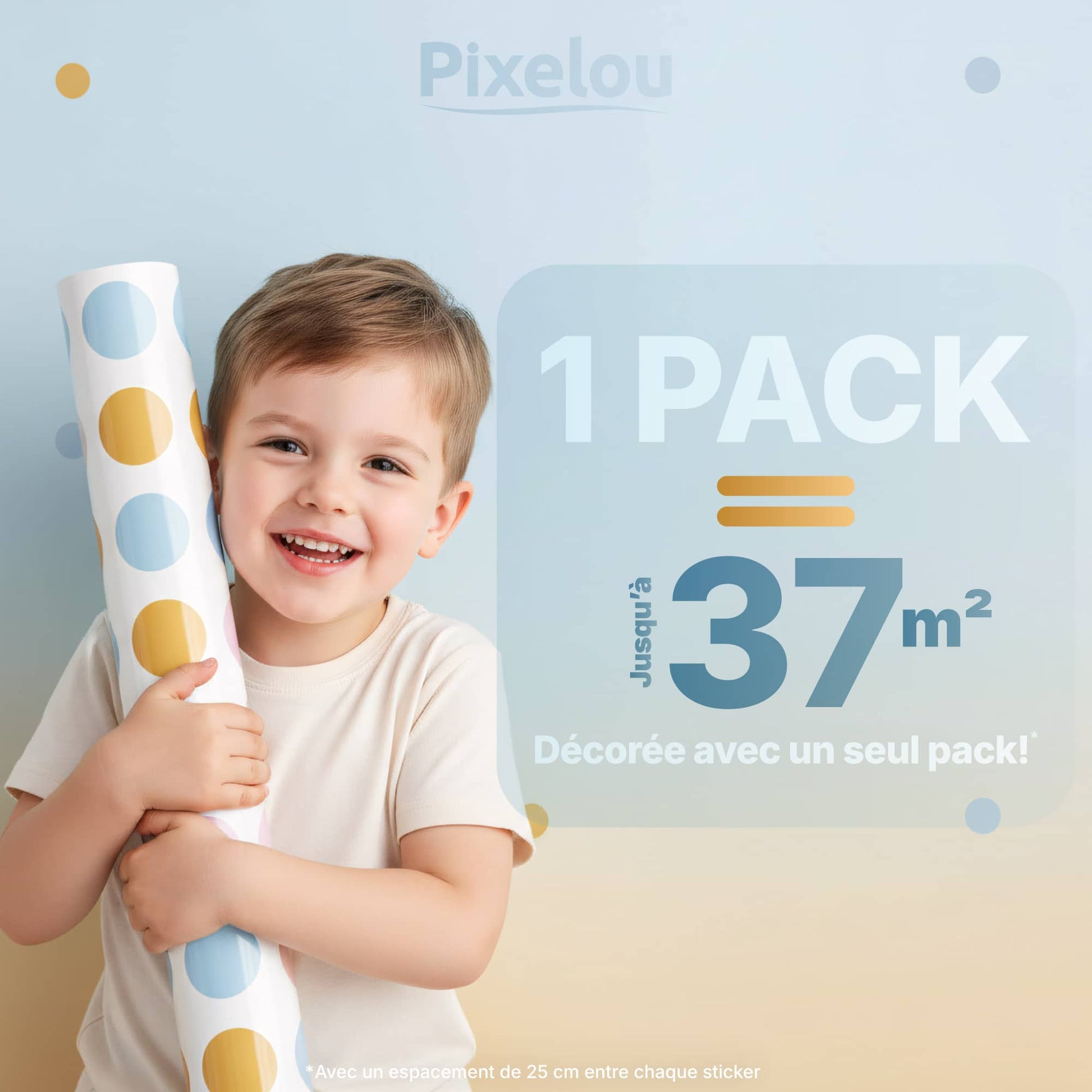 Décovrez jusqu'à 37m2 de surface murale avec un seul pack de stickers pois bleu doré