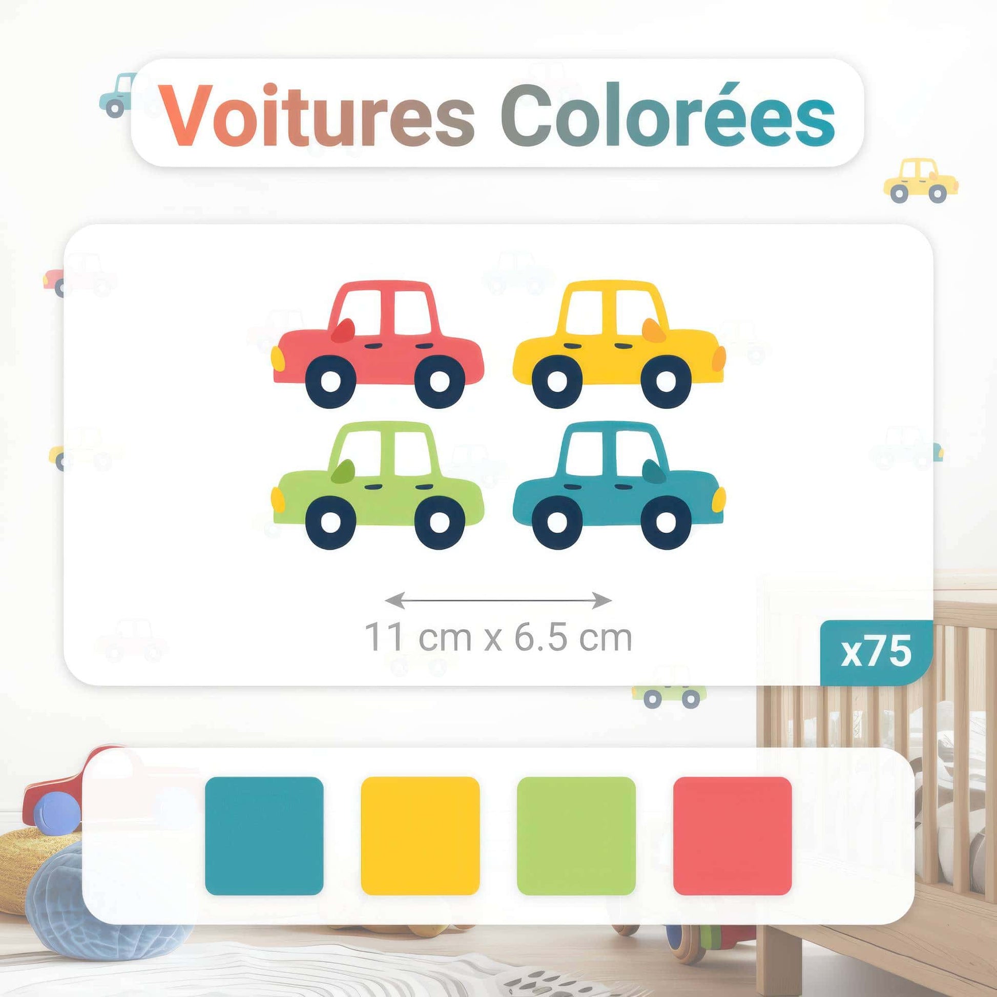 Détails des stickers Voitures Colorées. Dimensions (11 x 6.5 cm) et quantité (75) pour une excellente décoration murale de chambre enfant au Maroc. Multicolore