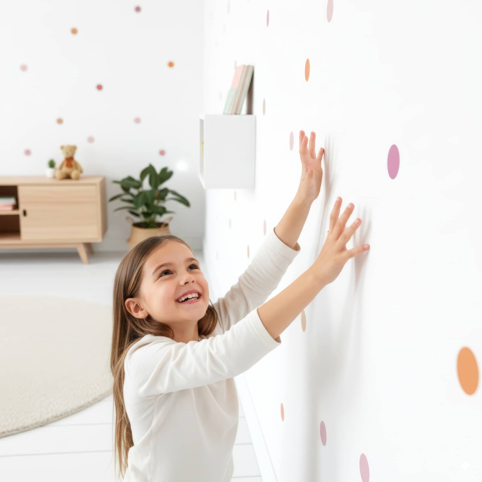 Gros plan sur une petite fille qui s'amuse à appliquer des stickers pois  orange beige sur le mur, illustrant la facilité d'utilisation de cette décoration murale pour la chambre enfant et bébé.