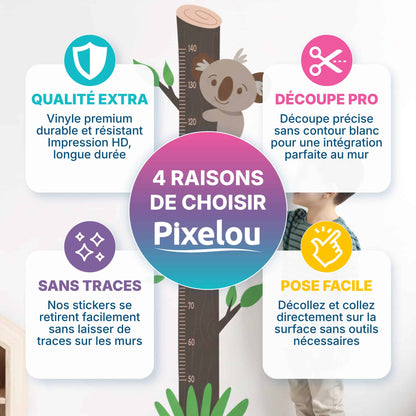 Avantages de choisir les stickers Pixelou (Qualité extra, Découpe pro, Sans traces, Pose facile) pour décoration murale au Maroc (montrant la toise Arbre).