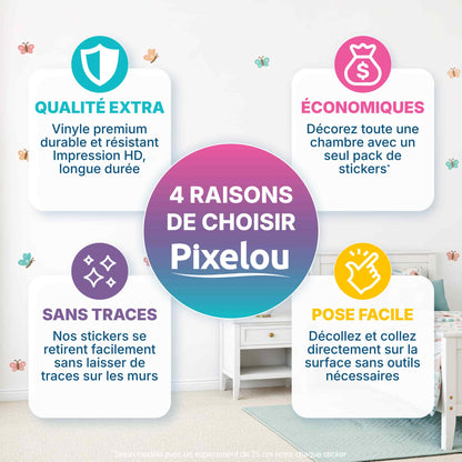 Les avantages des stickers muraux Pixelou : qualité premium, économiques, sans traces. La meilleure décoration murale pour chambre d'enfant au Maroc. Multicolore