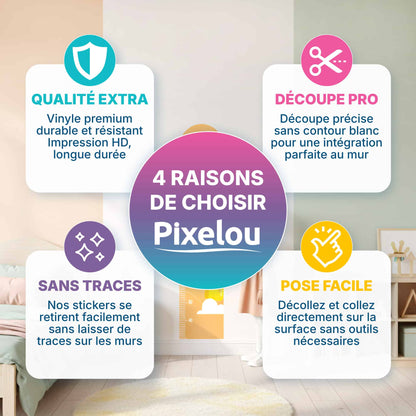 Avantages de choisir les stickers MontgolfièresPixelou (Qualité extra, Découpe pro, Sans traces, Pose facile) pour décoration murale au Maroc.