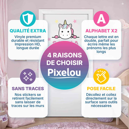 4 raisons de choisir les stickers prénoms Licorne Pixelou (Qualité, Alphabet x2, Sans traces, Pose facile) pour le Maroc.
