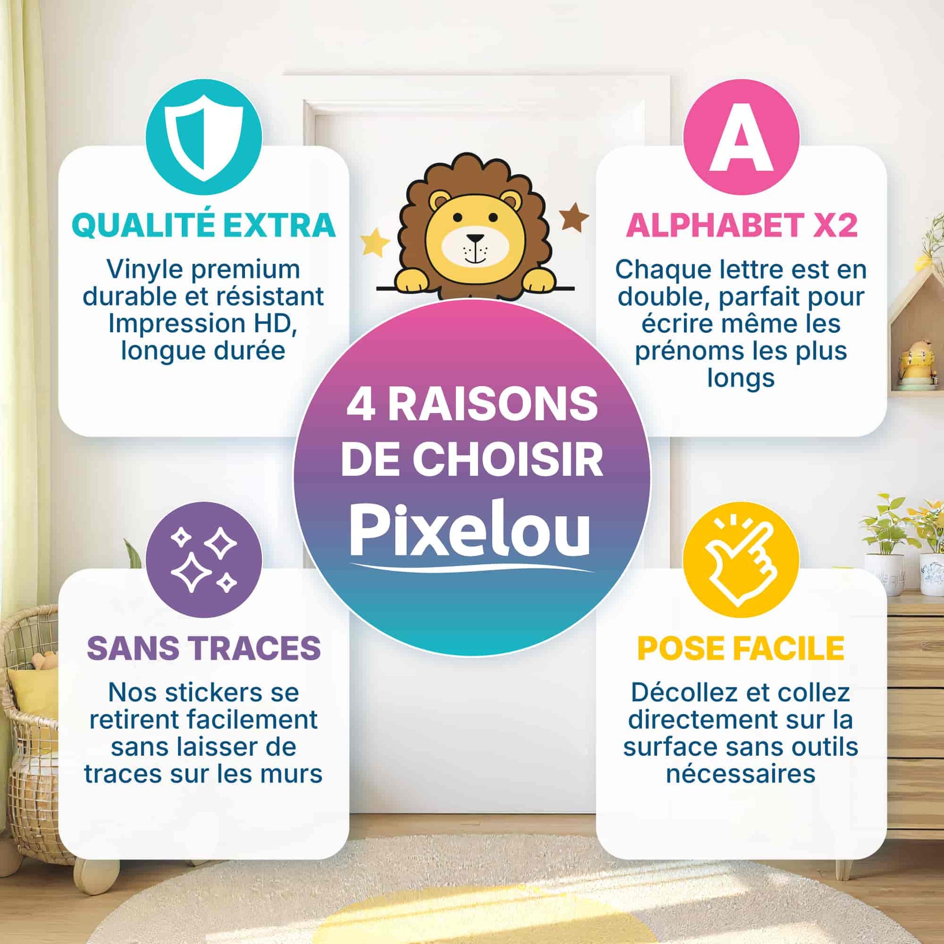 4 raisons de choisir les stickers prénoms Lion Pixelou (Qualité, Alphabet x2, Sans traces, Pose facile) pour le Maroc.