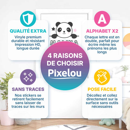4 raisons de choisir les stickers prénoms Panda Pixelou (Qualité, Alphabet x2, Sans traces, Pose facile) pour le Maroc.