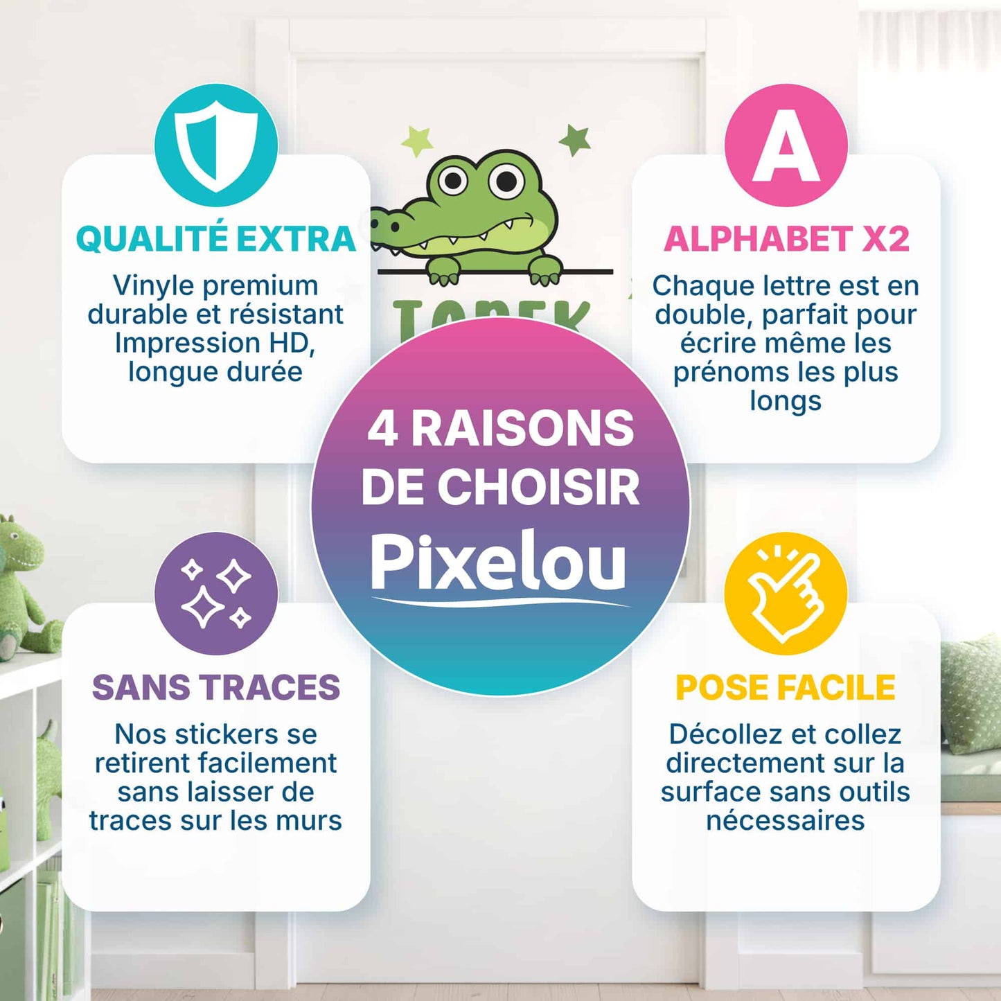 4 raisons de choisir les stickers prénoms Crocodile de Pixelou (Qualité, Alphabet x2, Sans traces, Pose facile) pour le Maroc.