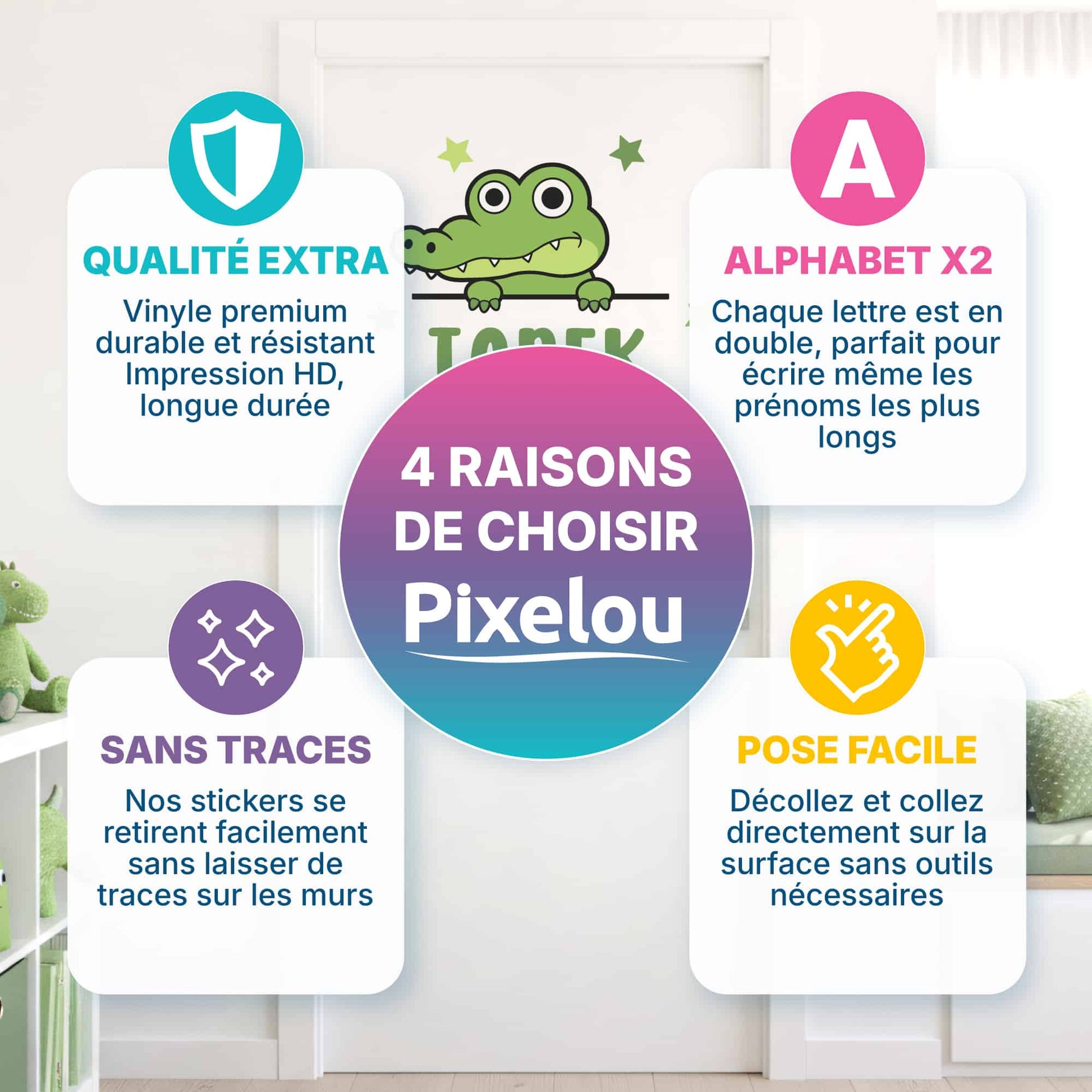 4 raisons de choisir les stickers prénoms Crocodile de Pixelou (Qualité, Alphabet x2, Sans traces, Pose facile) pour le Maroc.