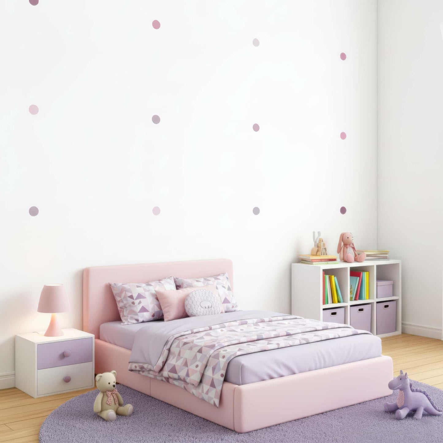 Une chambre enfant moderne et harmonieuse décorée avec des stickers pois teintes violet, s'accordant parfaitement avec le linge de lit pastel. Idéal pour une décoration murale tendance.