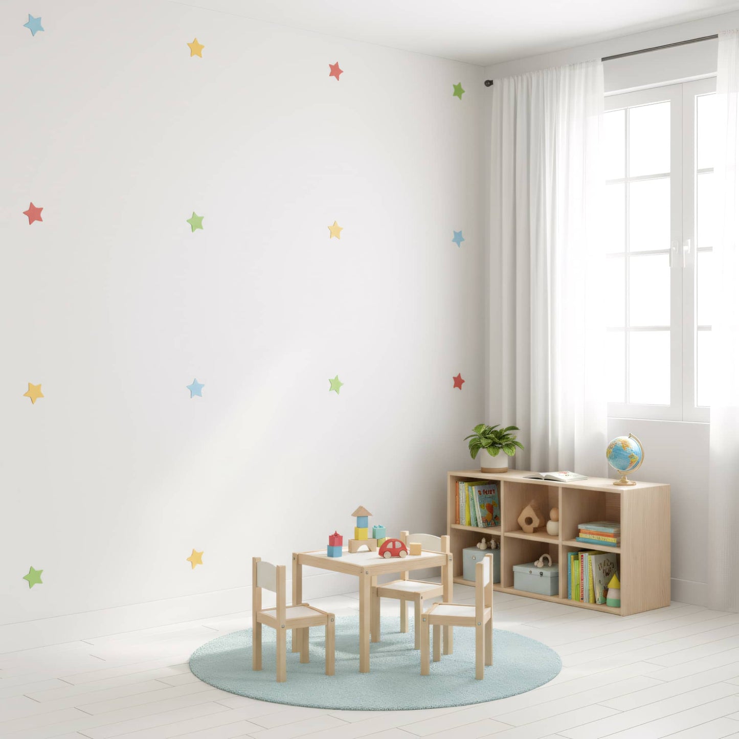 Une chambre d'enfant lumineuse avec des stickers étoiles multicolores sur le mur, apportant une touche de couleur vive et ludique à la décoration.