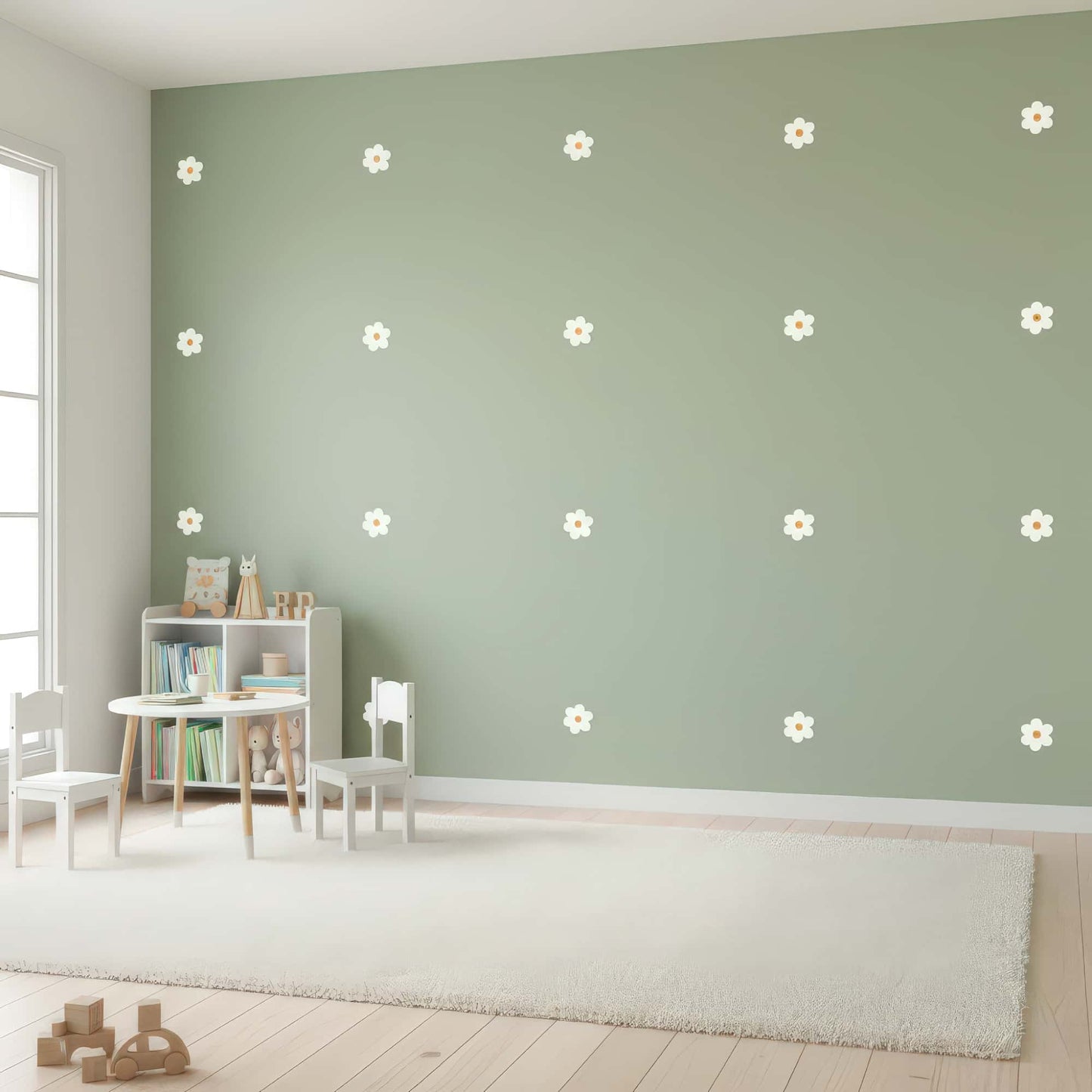Une décoration murale bucolique avec des stickers fleurs marguerites blanches sur un mur vert d'eau, une solution idéale pour une chambre d'enfant paisible au Maroc.