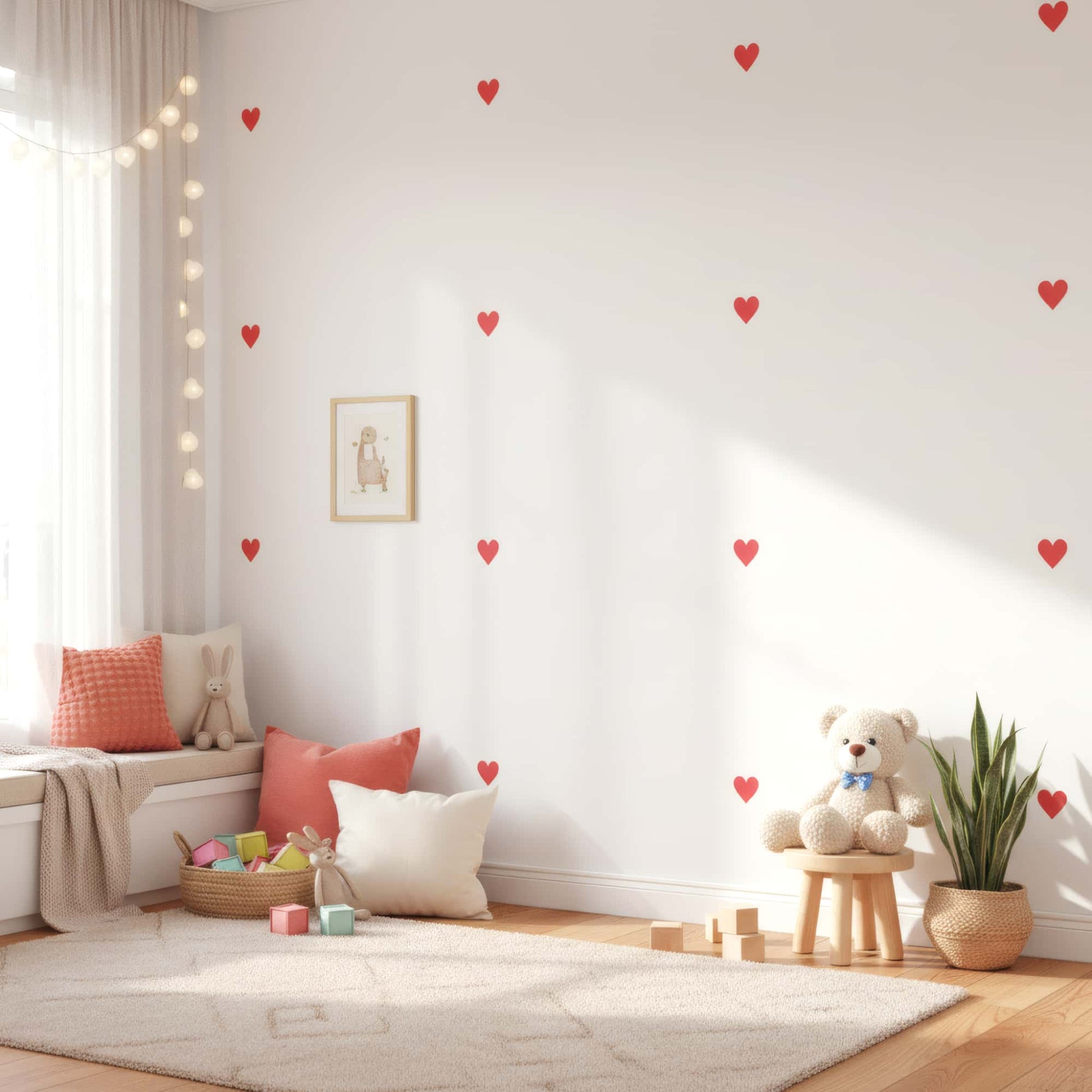 Une chambre d'enfant moderne avec des stickers muraux cœurs rouges, créant une ambiance joyeuse et affectueuse au Maroc.