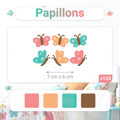 Détails du pack de 128 stickers muraux papillons. Dimensions 7x6 cm et couleurs (rose, orange, turquoise). Parfait pour la décoration murale d'une chambre d'enfant au Maroc. Multicolore