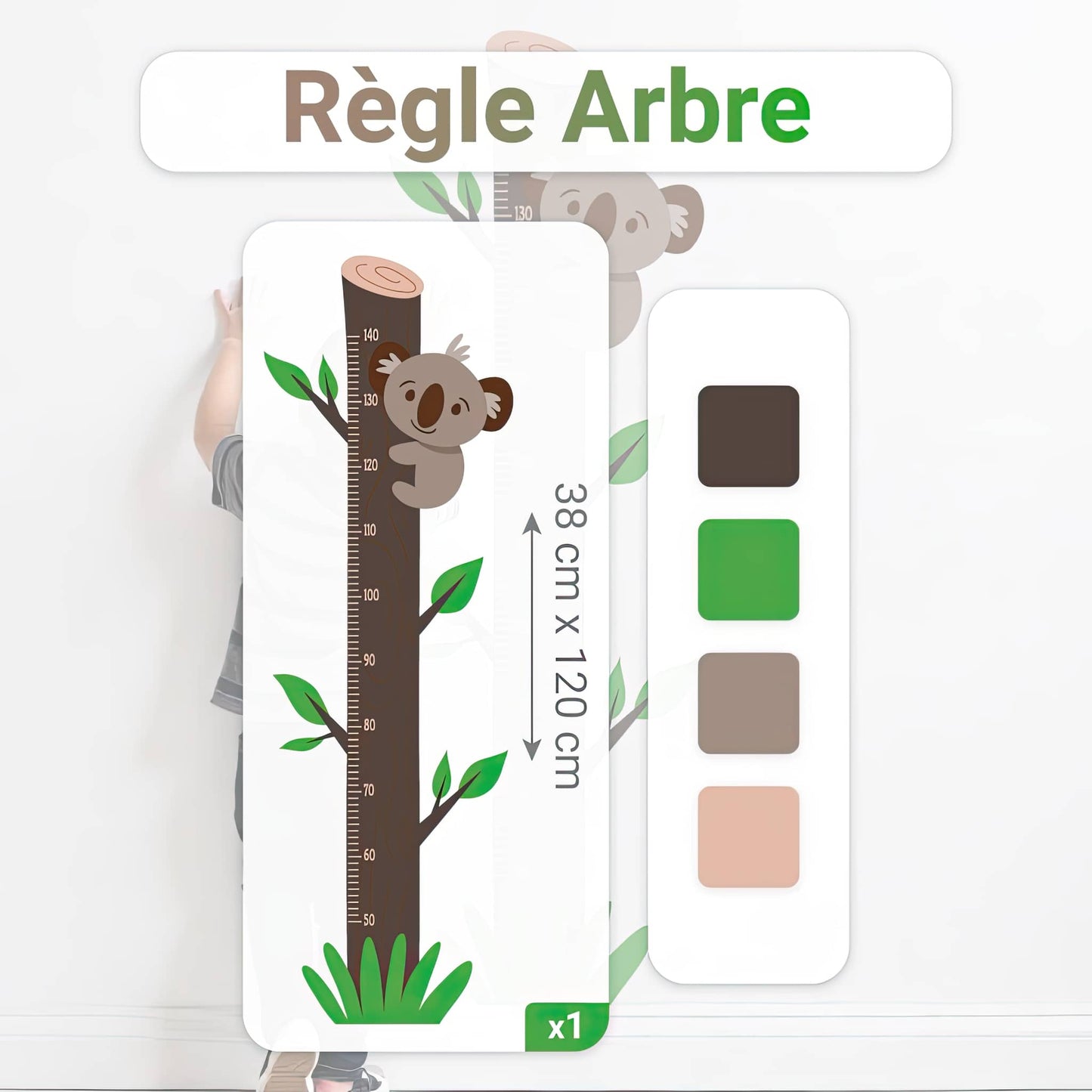 Dimensions de la toise stickers muraux Arbre et Koala (38 cm x 120 cm). Aperçu du design et des couleurs.
