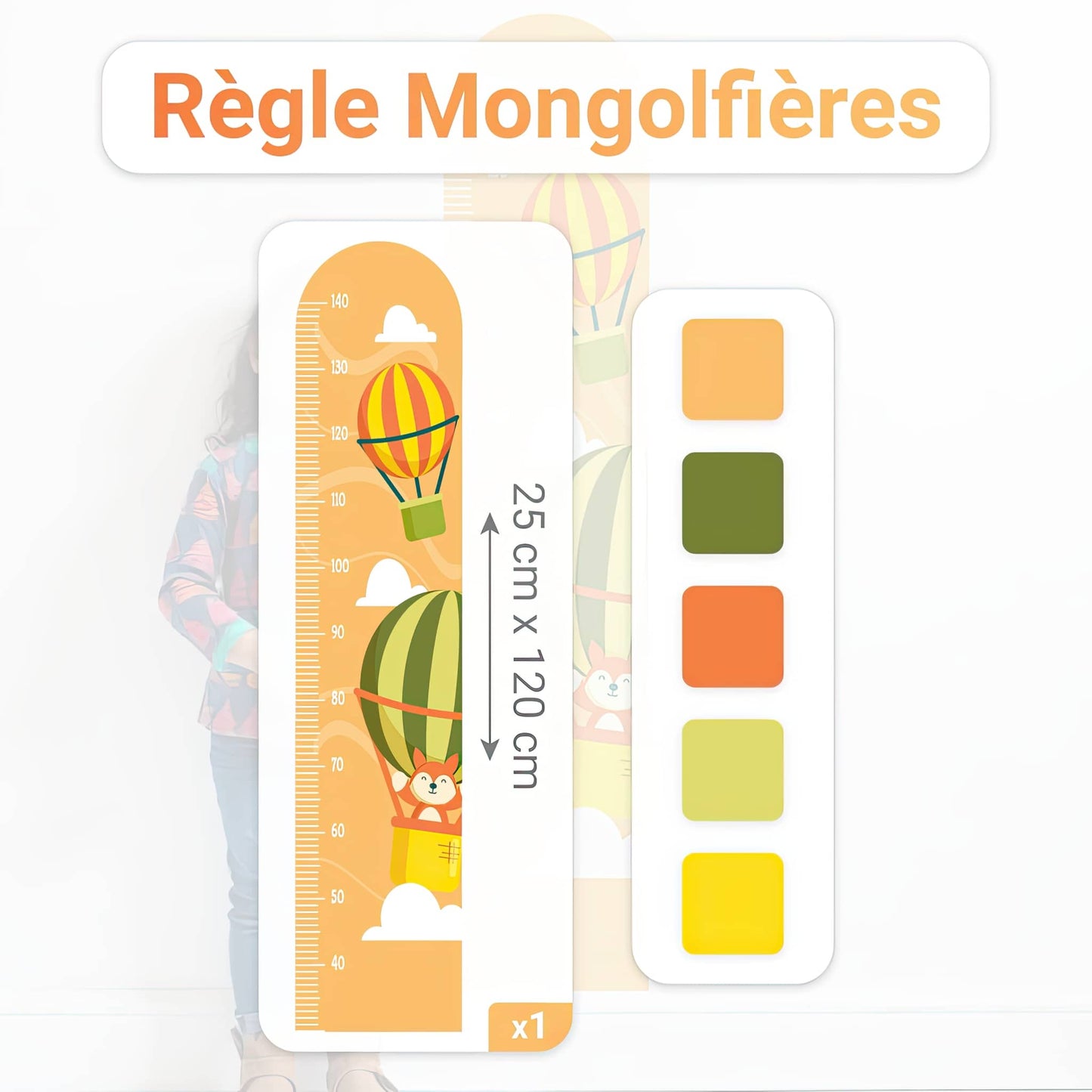 Dimensions de la toise stickers muraux Montgolfières (25 cm x 120 cm). Aperçu du design et des couleurs.