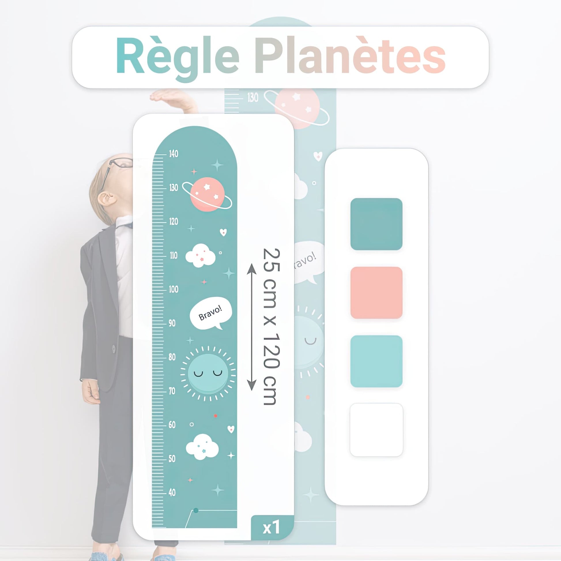 Dimensions de la règle de croissance Planètes (25 cm x 120 cm). Aperçu du sticker mural pour chambre enfant ou bébé au Maroc.