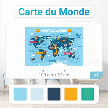 Dimensions du sticker mural Carte du Monde : 100 cm x 67 cm. Décoration murale facile pour chambre enfant. Stickers en vente au Maroc.