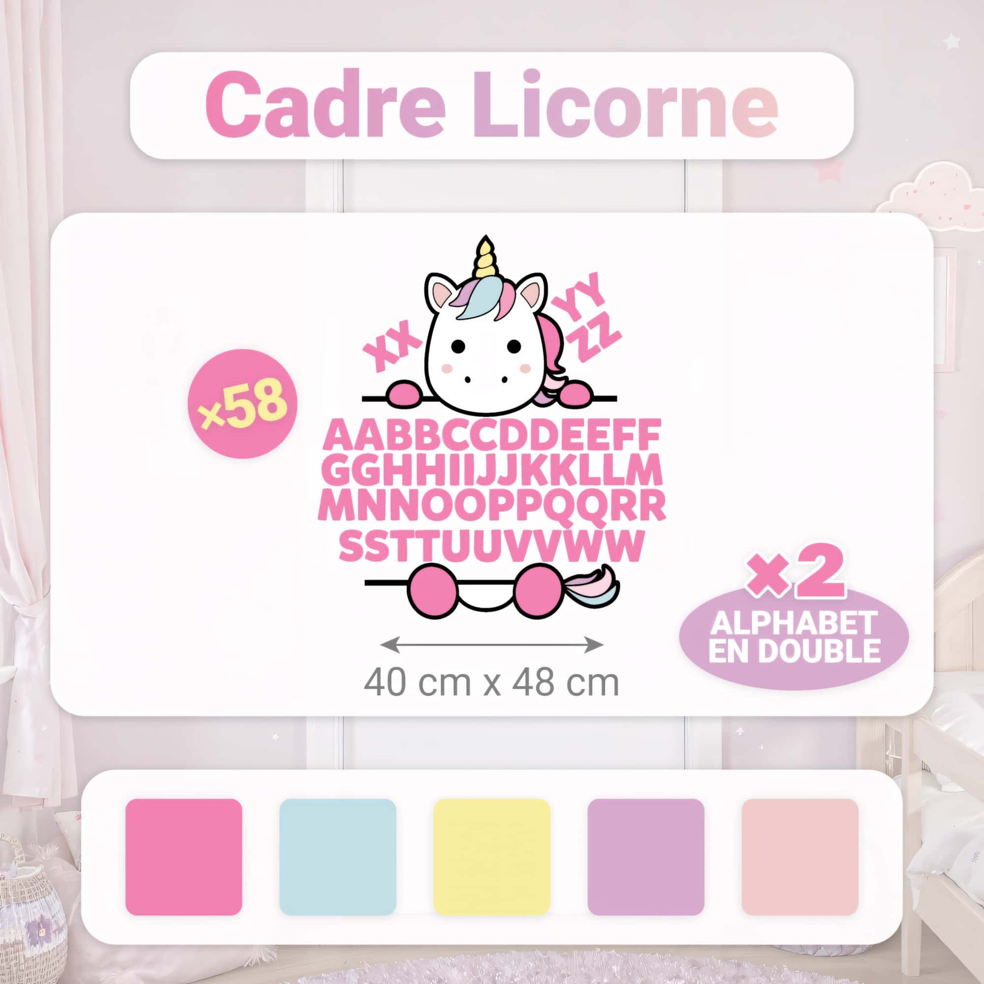 Dimensions et caractéristiques (Alphabet x2) du stickers prénom personnalisé Licorne (40 cm x 48 cm) pour le Maroc.