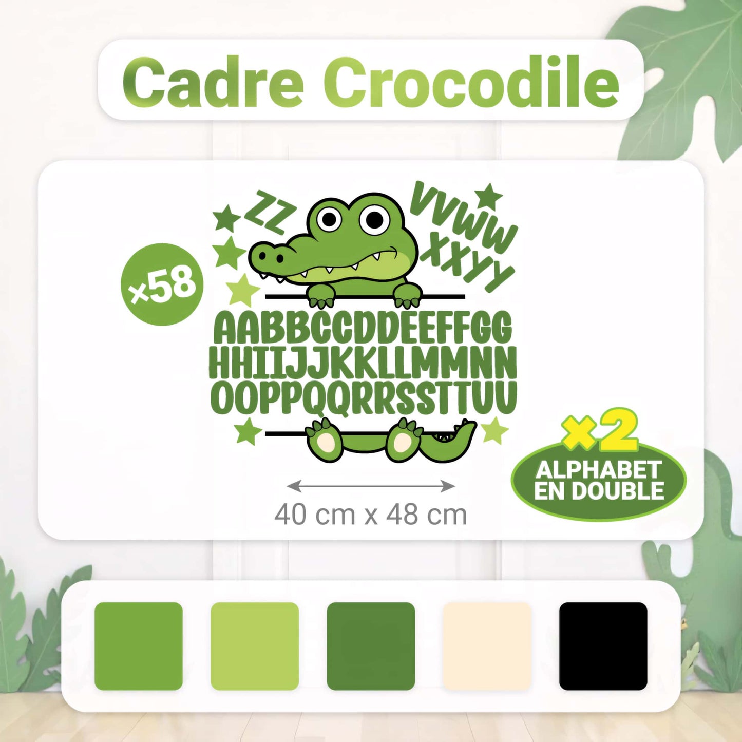Dimensions et caractéristiques (Alphabet x2) du sticker prénom personnalisé Crocodile (40 cm x 48 cm).