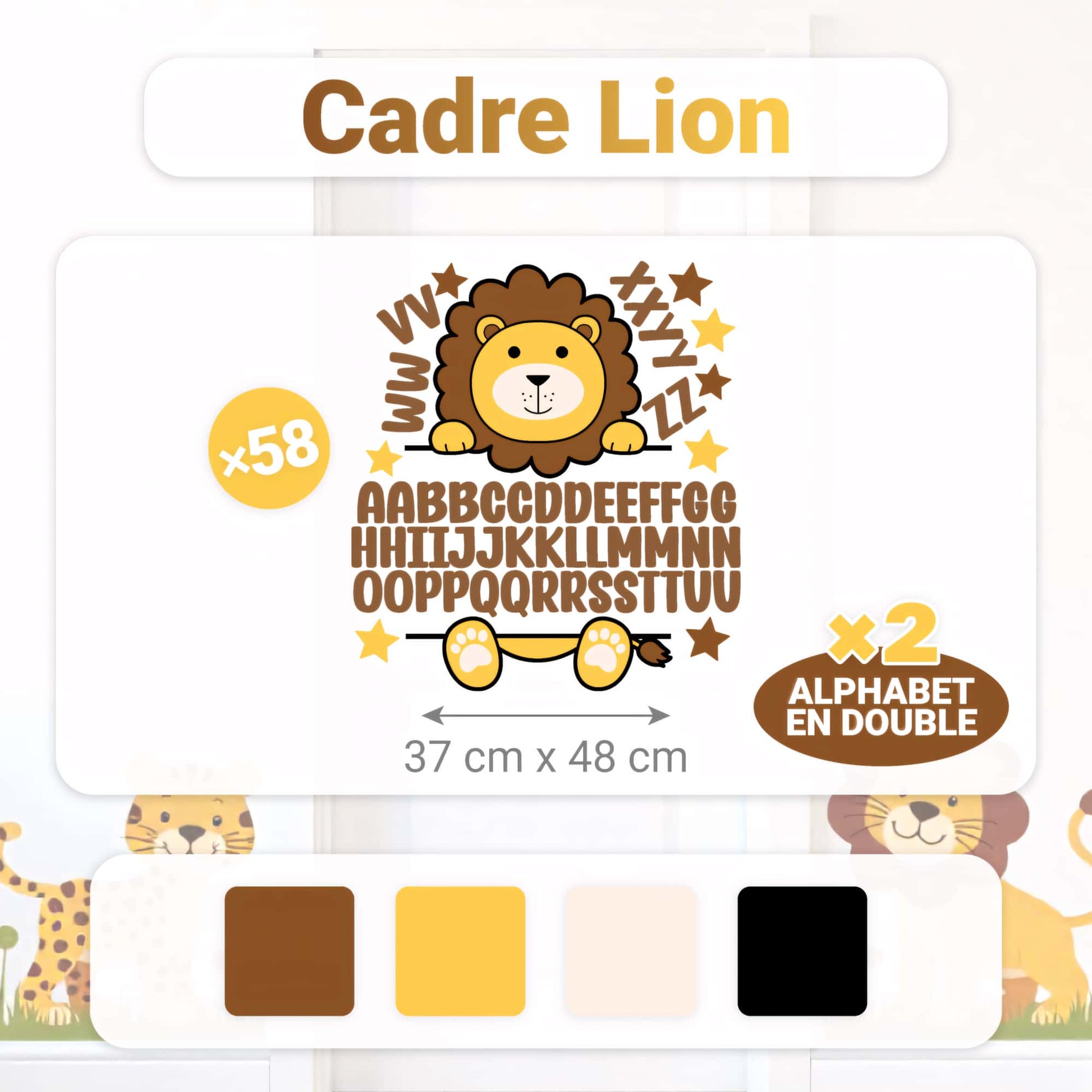 Dimensions et caractéristiques (Alphabet x2) du sticker prénom personnalisé Lion (37 cm x 48 cm) pour le Maroc.