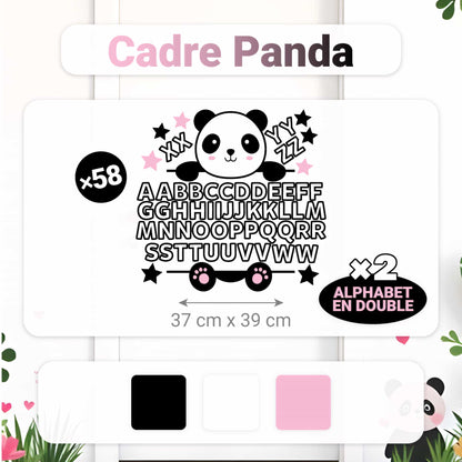 Dimensions et caractéristiques (Alphabet x2) du sticker prénom personnalisé Panda (37 cm x 39 cm) pour le Maroc.