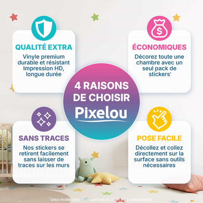 Infographie montrant les avantages des stickers étoiles multicolores : faciles à poser, écologiques, sans trace. Idéal pour une décoration murale de chambre d'enfant au Maroc.