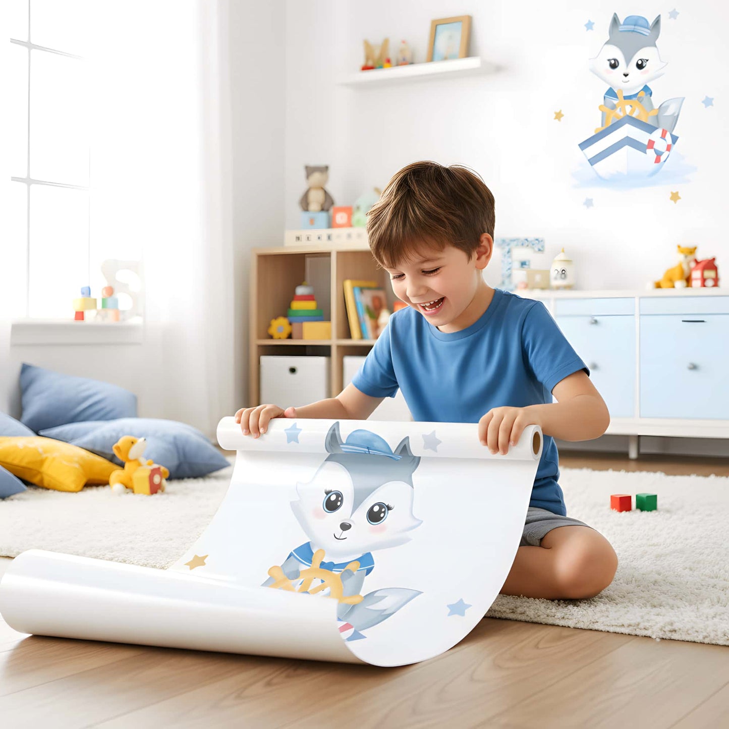 Un garçon heureux déroulant un grand sticker animaux du Renard Marin, un accessoire de décoration chambre enfant facile à poser au Maroc.