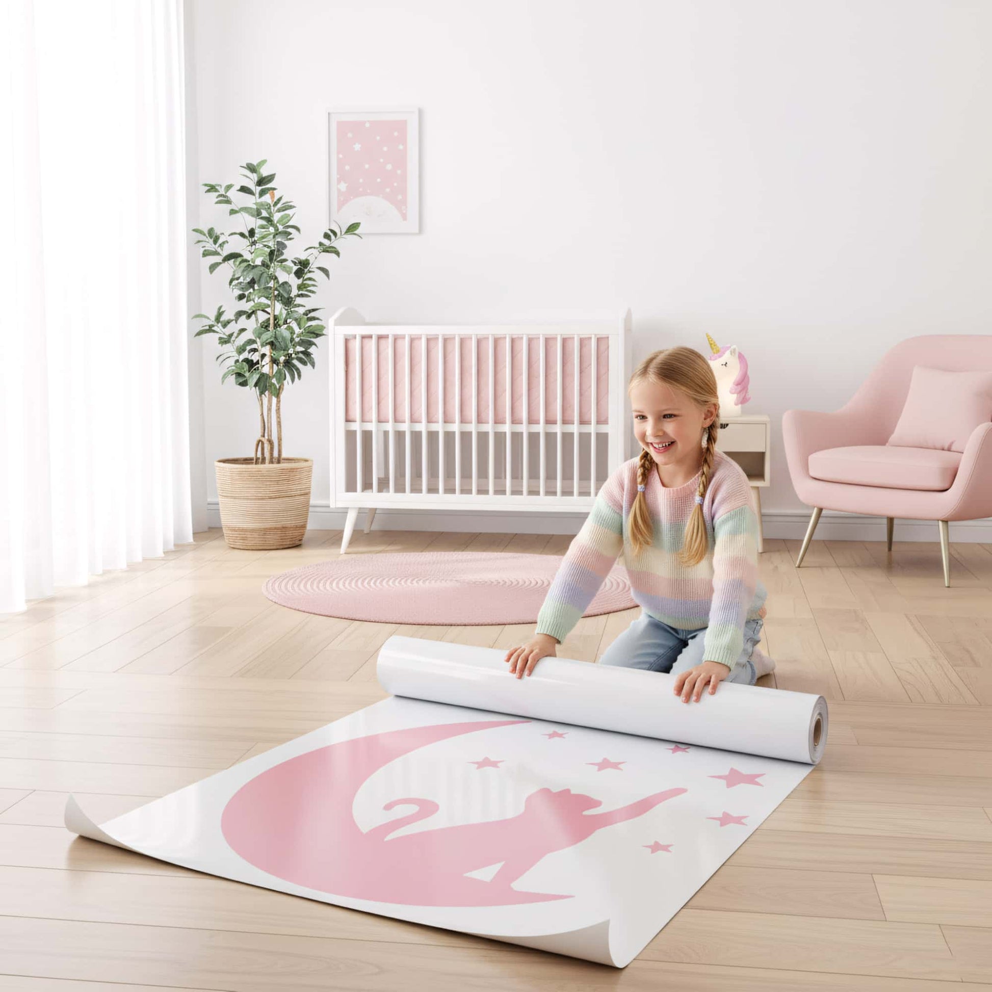 Fillette assise sur le sol déroulant un rouleau de stickers muraux du Chat Lunaire rose, un accessoire simple pour une décoration chambre bébé ou enfant au Maroc.