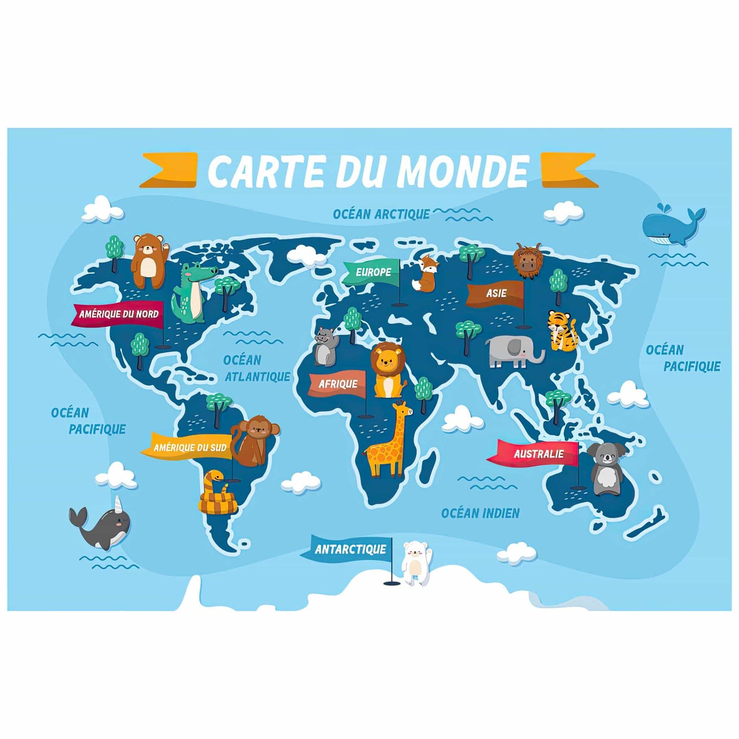 Aperçu du design du sticker mural Carte du Monde avec animaux. Décoration murale colorée pour chambre enfant. Stickers éducatifs disponibles au Maroc.